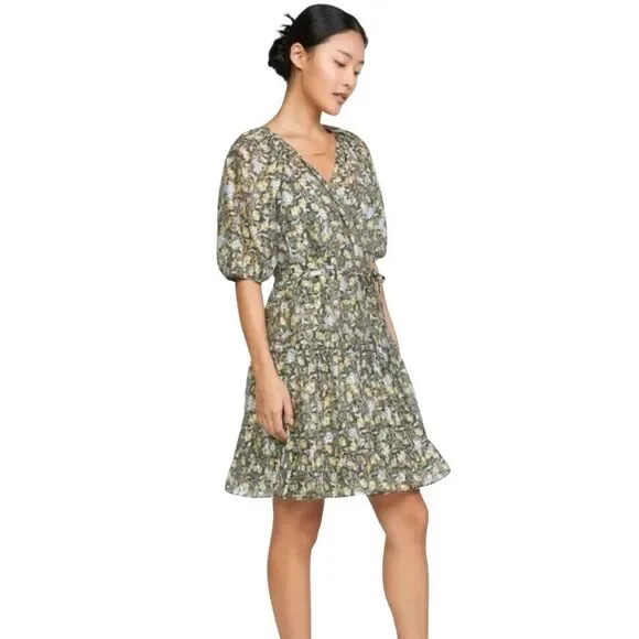 NWT Current Air M Gray Floral Wrap Dress Ruffle Mini V-Neck Puff Sleeve Cottage - Picture 3 of 9